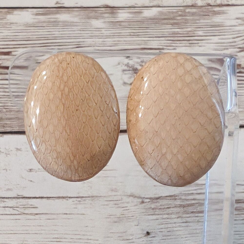 Vintage Clip On Earrings Large Patterned Tan Oval
